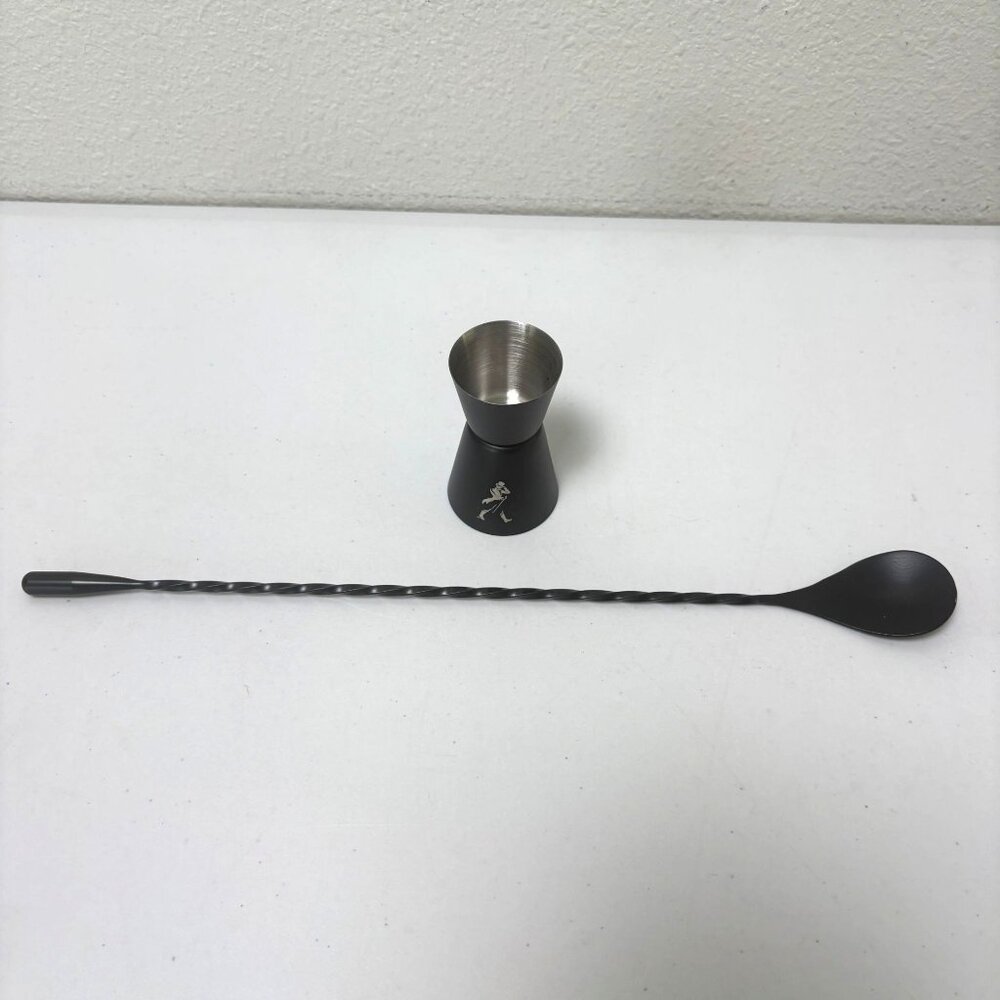 Johnnie Walker Cocktail Jigger and Spoon Stir Measureing Cup Matte Black Logo
